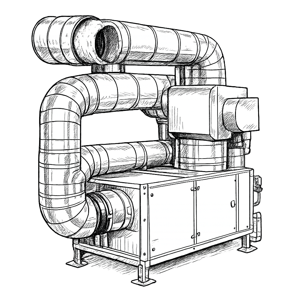 Lüftungs- und Klimaanlage mit Rohrleitungen als Beispiel technischer Gebäudesysteme