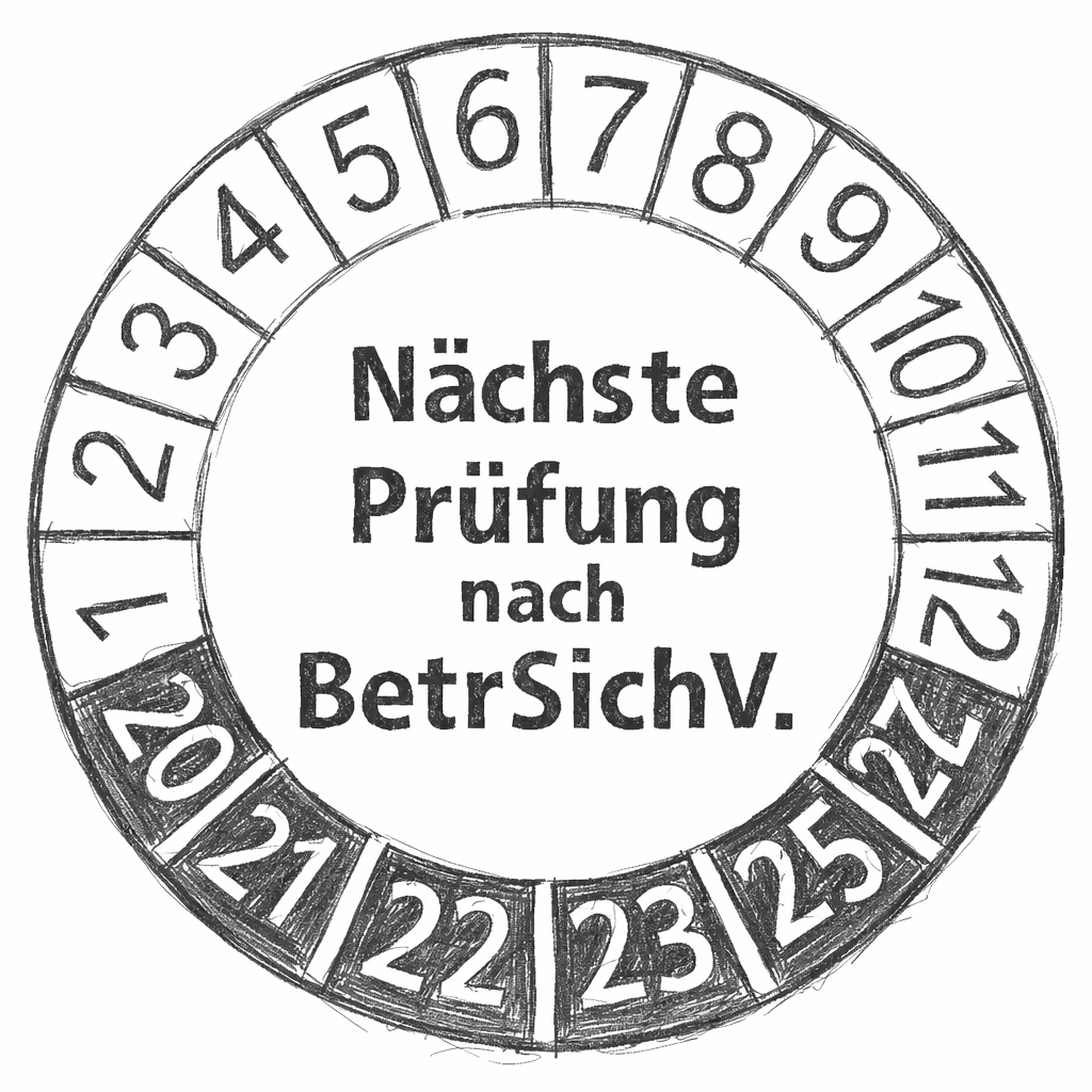 Bleistiftskizze eines Prüfaufklebers zur Kennzeichnung von Betriebssicherheit