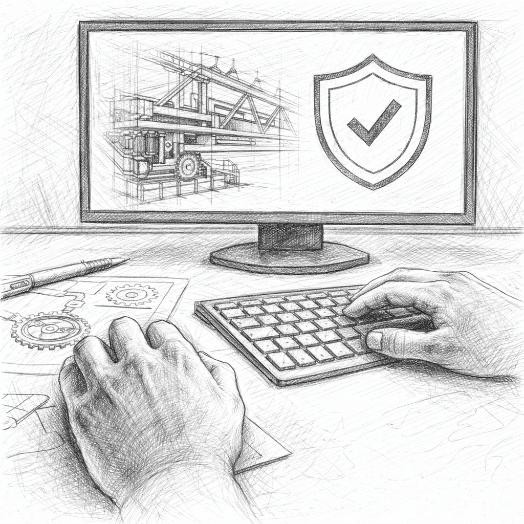 Bleistiftskizze eines Arbeitsplatzes mit technischer Konstruktion und Sicherheitsbewertung am Computer