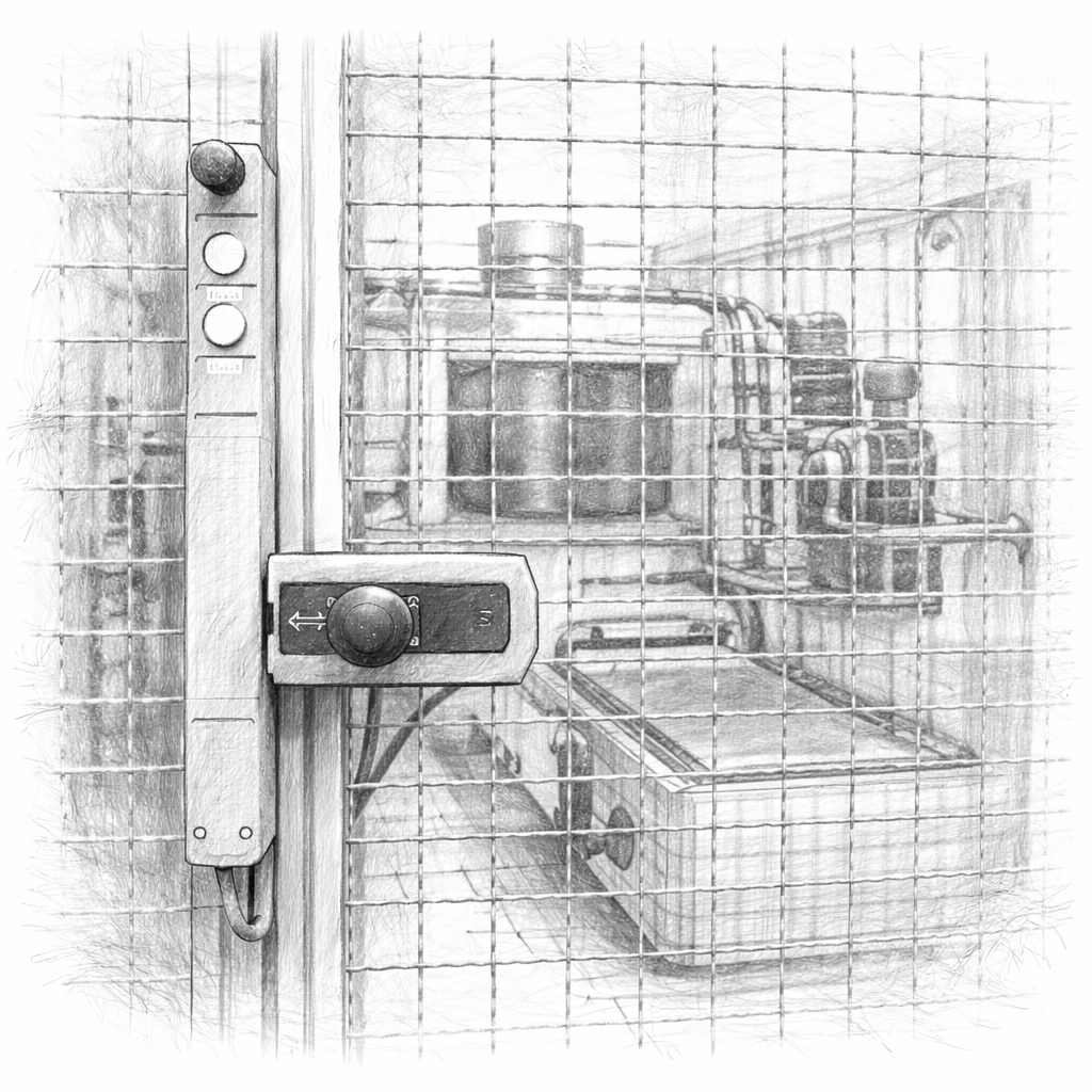 Bleistiftskizze eines mechanischen Sicherheitssystems mit Schutzgitter und Sicherheitsschalter