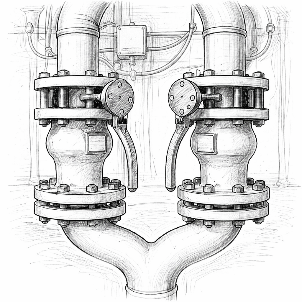 Bleistiftskizze redundanter Rohrleitungen mit zwei parallelen Ventilen zur Sicherstellung der Wartungsfähigkeit