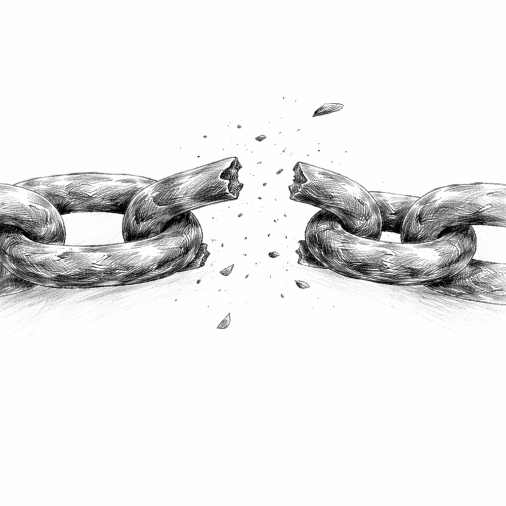 Bleistiftskizze einer gerissenen Kette als Symbol für einen Single Point of Failure