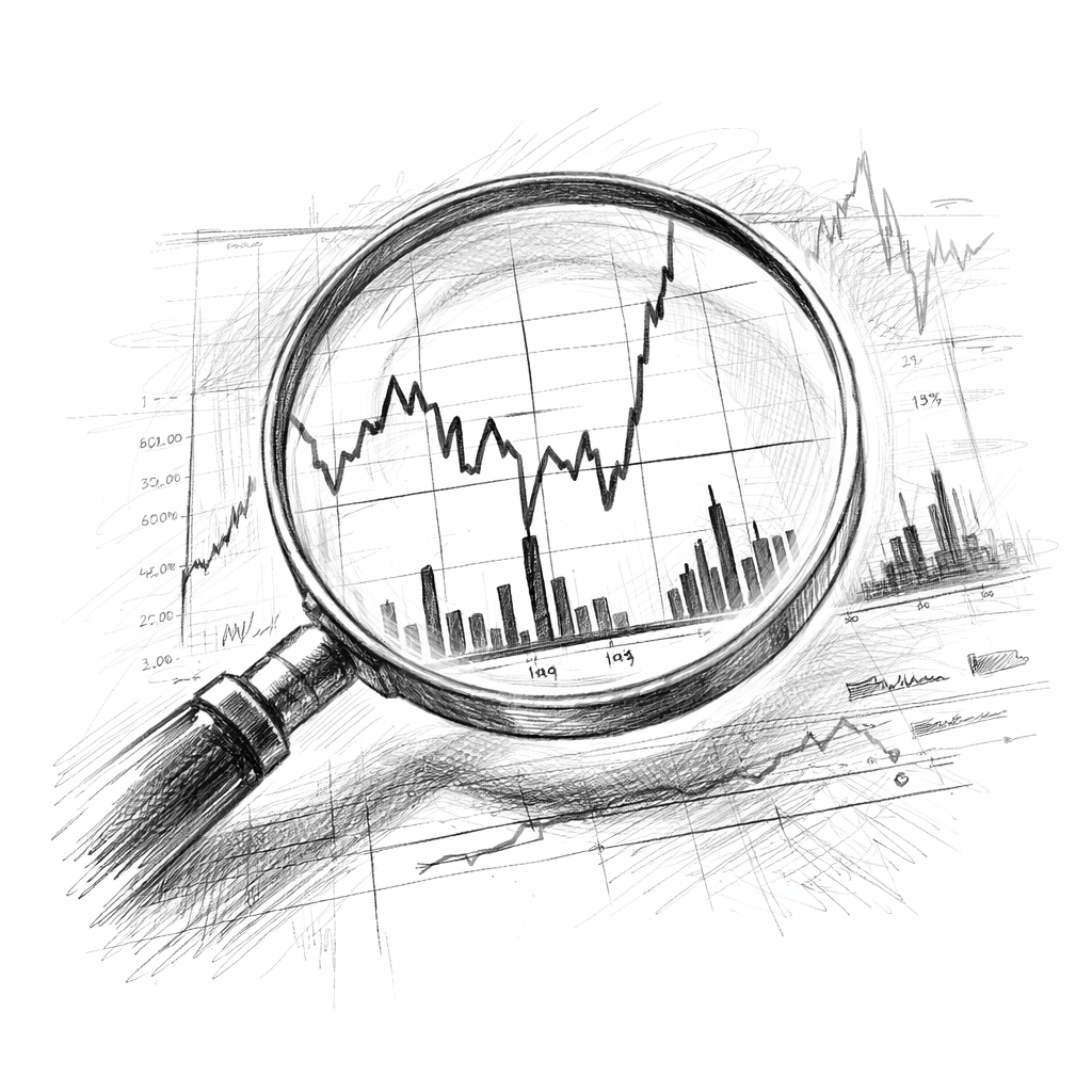 Bleistiftskizze einer Lupe über einem Diagramm zur Analyse technischer Systeme