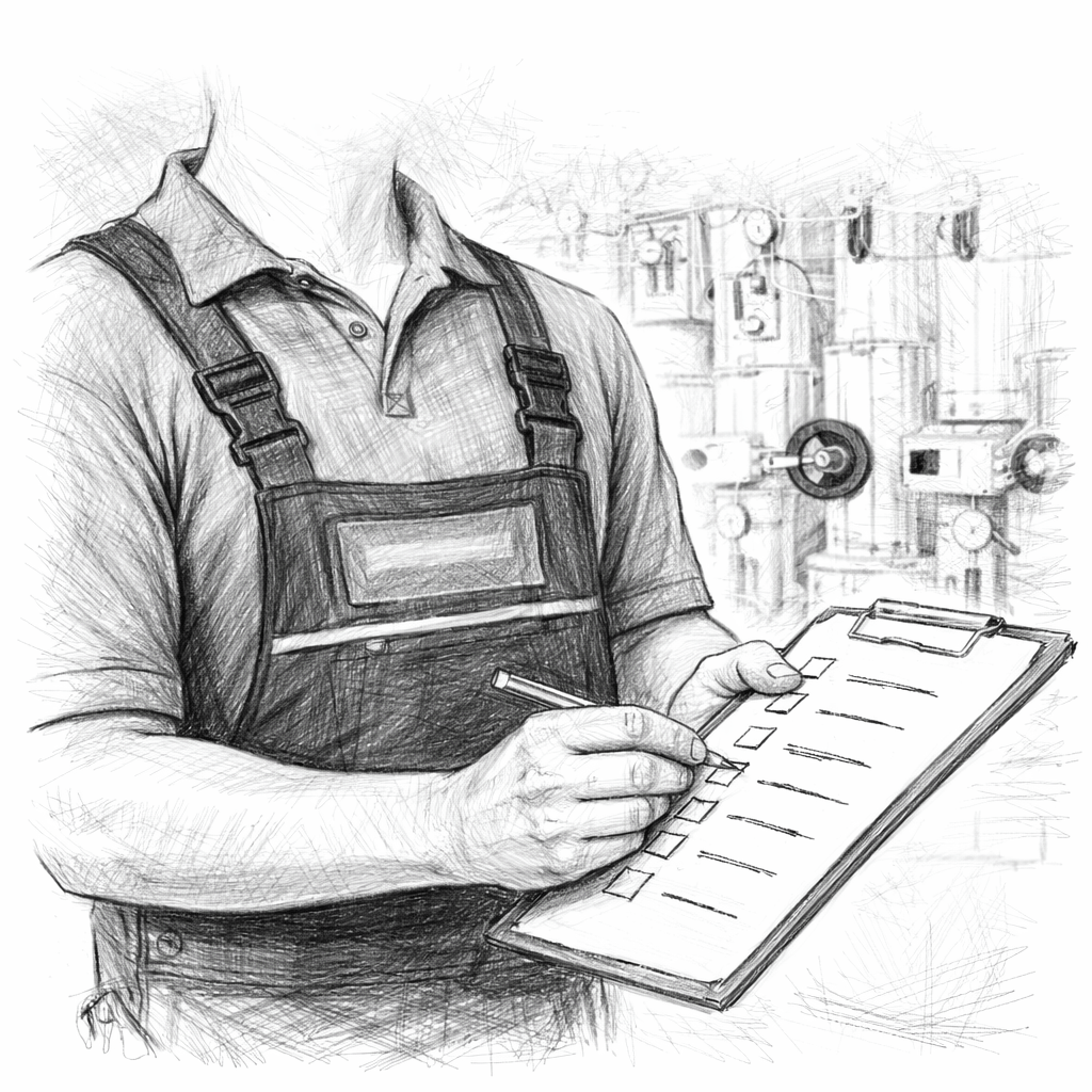 Bleistiftskizze eines Technikers bei der Überprüfung von Industrieanlagen mit Checkliste